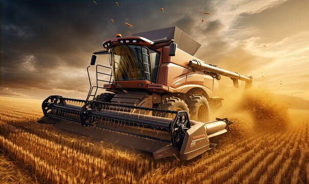 Combine harvester harvesting the wheat field with amazing sunset background