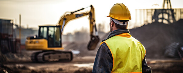 Civil engineer in a reflective jacket with a safety helmet looks into the distance at a construction site with excavator in background