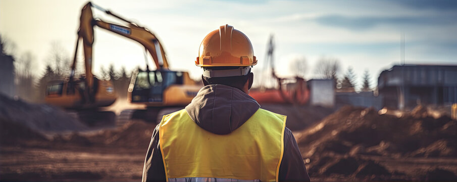 Civil engineer in a reflective jacket with a safety helmet looks into the distance at a construction site with excavator in background