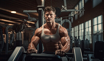 Handsome muscle man bodybuilder during workout in the gym.