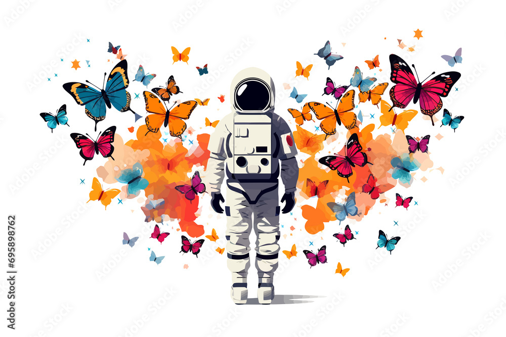 Wall mural astronaut with colorful butterflies isolated vector style illustration