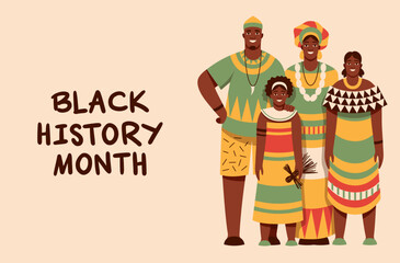 An African family in folk costumes. Black History Month. Cartoon, flat, vector illustration