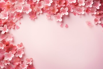 Fototapeta premium A blush of pink cherry blossoms forming a delicate frame on a soft pastel background. Spring romance. Valentine's Day floral. Wedding invitation, greeting card, or banner with copy space