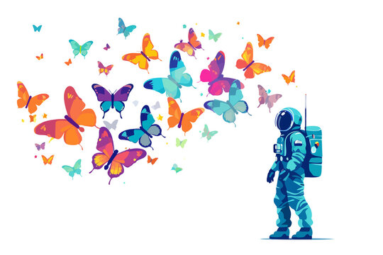 Astronaut with colorful butterflies isolated vector style illustration