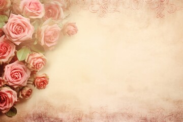 Bouquet of soft pink roses on a textured vintage background with ample copy space. Romantic floral design. Valentine's Day theme. Greeting cards, wedding invitations, or backdrops