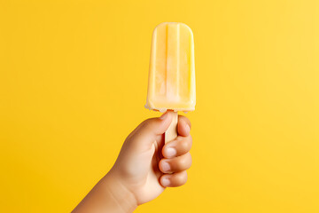 Side view of a child's hand holding fruit ice cream isolated on a yellow background - obrazy, fototapety, plakaty
