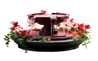 Black and Red Color Fountain Decoration with Flowers on a White or Clear Surface PNG Transparent Background