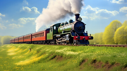 Obraz premium A train traveling down train tracks next to a lush green field.