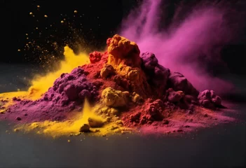 Deurstickers Sinfonia Cromatica- Esplosioni di Polvere Viola, Gialla e Rossa su Sfondo Nero © Benedetto Riba