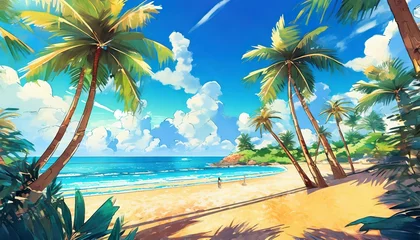 Foto auf Acrylglas a wonderful beach scene at day with a lot of palms anime manga style generative ai technology © Jayla