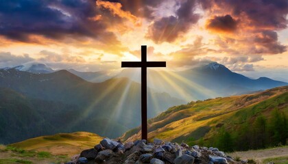 jesus christ cross easter resurrection concept christian cross on a background with dramatic lighting colorful mountain sunset dark clouds and sky and sunbeams - obrazy, fototapety, plakaty