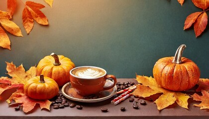 autumn background with coffee and pumpkins
