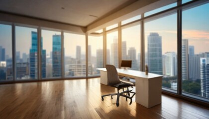 blurred of interior office room with city building background