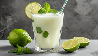 brazilian lemonade refreshing creamy lemonade or limeade with lime slices and mint on grey background