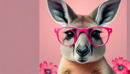 kangaroo in pink glasses banner with pink background australian animal advertising sale postcard