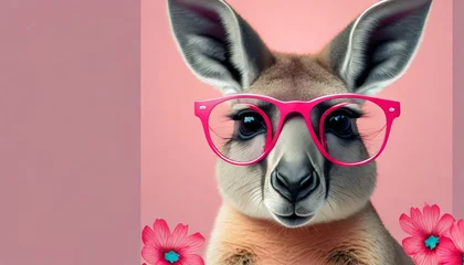 Schilderijen op glas kangaroo in pink glasses banner with pink background australian animal advertising sale postcard © Jayla