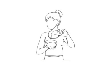 One continuous line drawing of A woman who is eating nutritious food. Hospital health care concept single line draw design vector illustration
