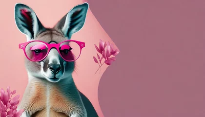 Tuinposter kangaroo in pink glasses banner with pink background australian animal advertising sale postcard © Jayla