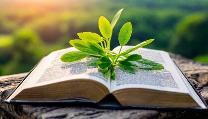 beautiful nature concept with cool leaves and green sprouts symbolizing god s word of life growing on top of a holy bible - obrazy, fototapety, plakaty