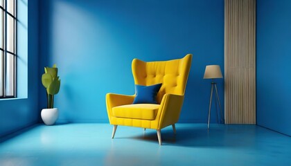 a bright yellow armchair is situated in a blue room that is unoccupied and has a blue floor the minimalist idea a mockup generative ai - obrazy, fototapety, plakaty