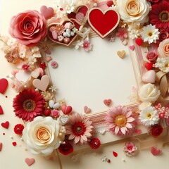 Fototapeta na wymiar Flatlay with Flowers and Hearts - Background for Valentine's, Mother's or Woman's Day - Space for Copy