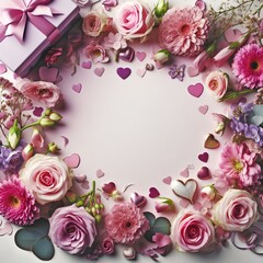 Flatlay with Flowers and Hearts - Background for Valentine's, Mother's or Woman's Day - Space for Copy
