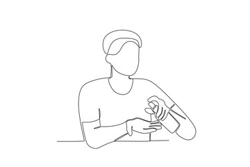 One continuous line drawing of A man using hand sanitizer. Hospital health care concept single line draw design vector illustration
