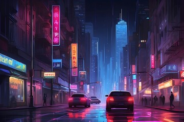 Night seen of a city with light reflection 
Generative AI  - obrazy, fototapety, plakaty