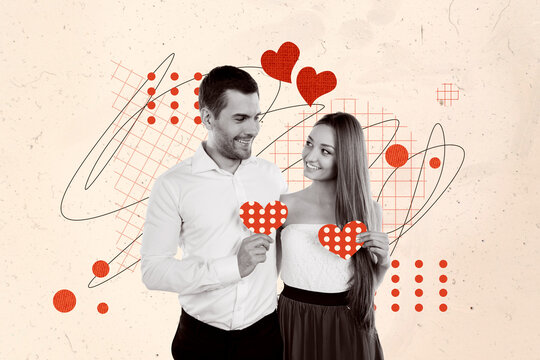 Creative collage picture illustration beautiful lovely happy couple hug hold card heart valentine day love sketch unusual white background