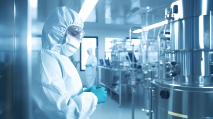 Biotechnology facility, pharma industry. Clean production room, worker or operator in protective clothes. - obrazy, fototapety, plakaty