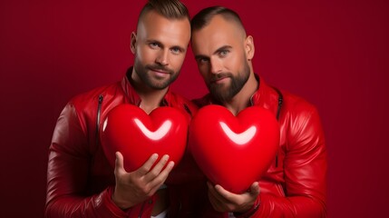 Fototapeta na wymiar Chic Romance - Stylish Male Couple with Shiny Heart Balloons