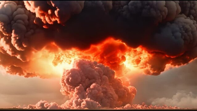 Nuclear bomb blast explosion flame in sky on long distance  full view, Disaster, atomic bomb. 