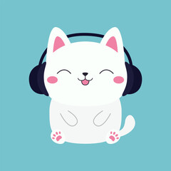 Sitting cat in black headphones earphones. Kitten listen to music with closed eyes, pink tongue, ears. Cute cartoon kawaii funny baby pet character. Happy face head. Flat design. Blue background.