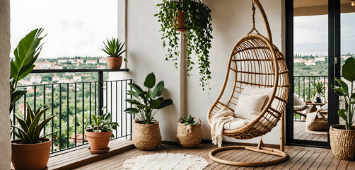 Cozy boho style balcony interior design with swinging chair, natural decoration and potted green plants