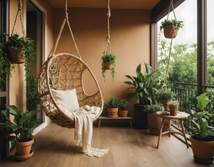 Cozy boho style balcony interior design with swinging chair, natural decoration and potted green plants