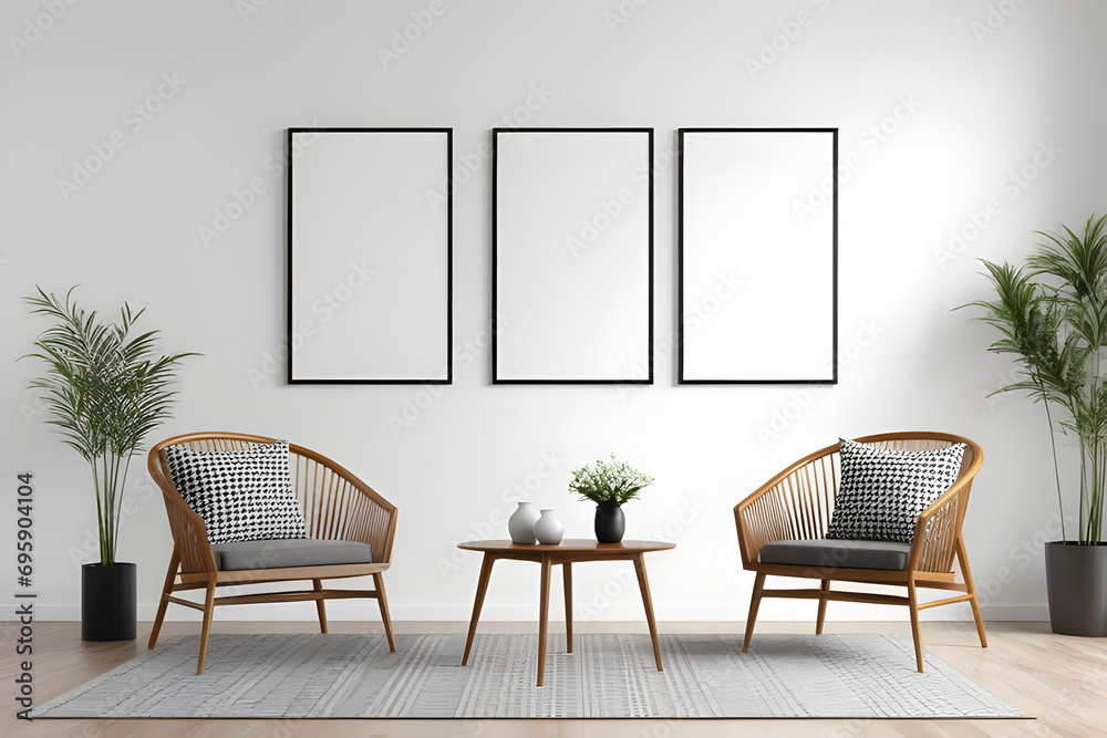 Wall mural Living room design with aesthetic frame mockup, two wooden chairs on white wall. 3d rendering. Modern living room