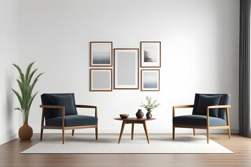 Living room design with aesthetic frame mockup, two wooden chairs on white wall.