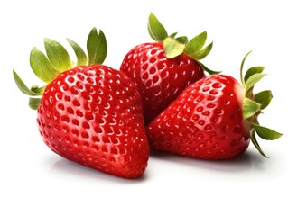 Three strawberries with green leaves on a white surface.