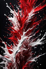 An explosion of paint on a black background. Red and white paint