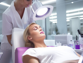 A beautiful girl lies in a cosmetic salon during treatments.