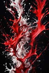 An explosion of paint on a black background. Red and white paint