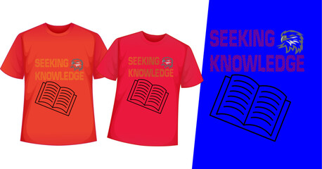 seeking knowledge t-shirt design, red t-shirt with the tag, 