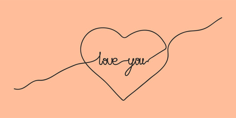 lettering love you in heart, one line art style vector illustration isolated on a peach fuzz background