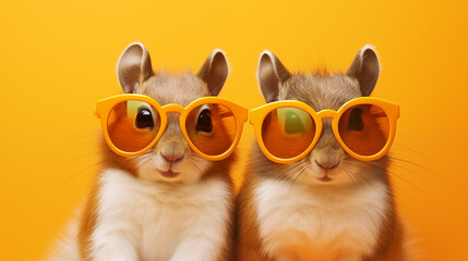 duo squirrel with orange sunglasses, fun portrait, orange background - obrazy, fototapety, plakaty