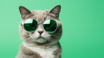 cat with green sunglasses, fun portrait, green background