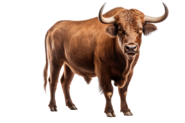 Strongest dark brown bull with muscles and long horns portrait looking at camera isolated on clear png background, Animals Fighter concept