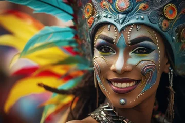 Fototapete Karneval Beautiful woman dressed in costume at Brazilian carnivals.