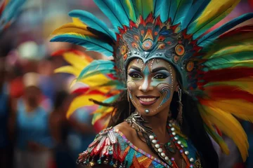 Photo sur Plexiglas Carnaval Beautiful woman dressed in costume at Brazilian carnivals.
