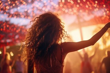 Beautiful young woman having fun at colourful music festival. Happy girl enjoying herself and dancing. Summer holiday, vacation concept.