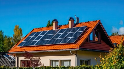 View of solar panels in the roof of a house.